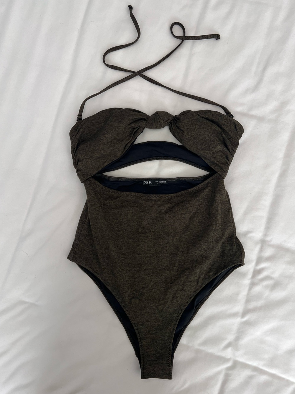 Zara Olive Green One-Piece Swimsuit with Halter Tie
